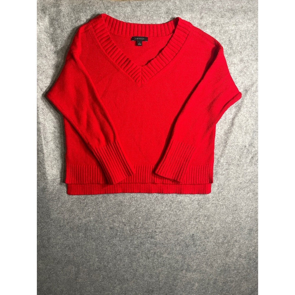 Ann Taylor Red V-Neck Knit Sweater Long Sleeve Ribbed Trim High-Low Hem Small